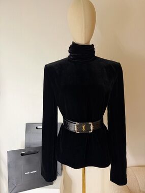 Saint Laurent Velvet High Neck Blouse Black FR38 NWT Authentic YSL Top Luxury